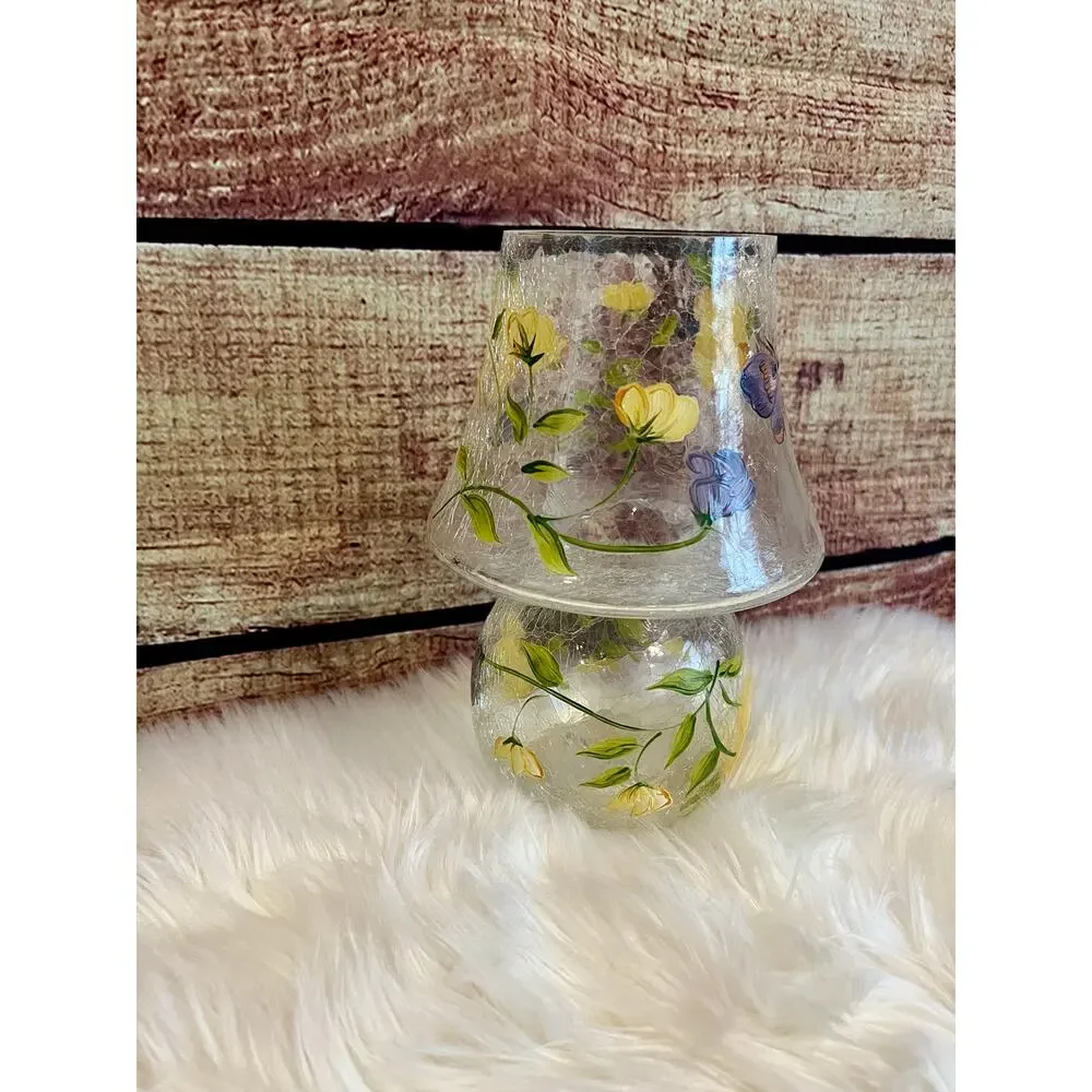 Vintage Anthropologie Floral Butterfly Hand Painted Painted Glass Lamp Vase EUC